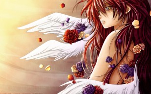 Аниме, девушка, крылья, цветы