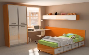 Дизайн, игрушки, интерьер, квартира, комната, компьютер, красочно, кровать, оранжевый, стиль, стол, обои