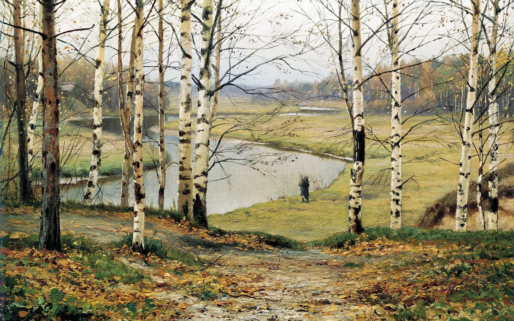 Ефим Волков, Октябрь, картина, река, берёзы, женщина, листва обои, картинки, фото