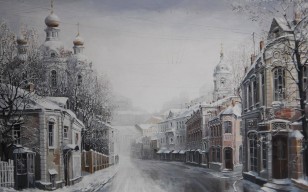 Александр Стародубов, С Рождеством! живопись, зима, дома, церковь обои