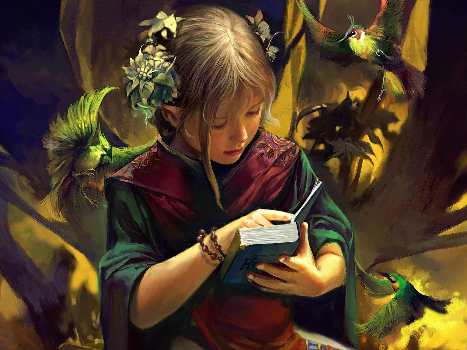 Девочка, книга, лес, птицы обои, картинки, фото