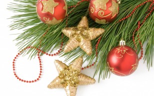 Елочные, игрушки, шары, шарики, золотые, красные, звезды, ветка, елка, Новый Год, Рождество, Новый